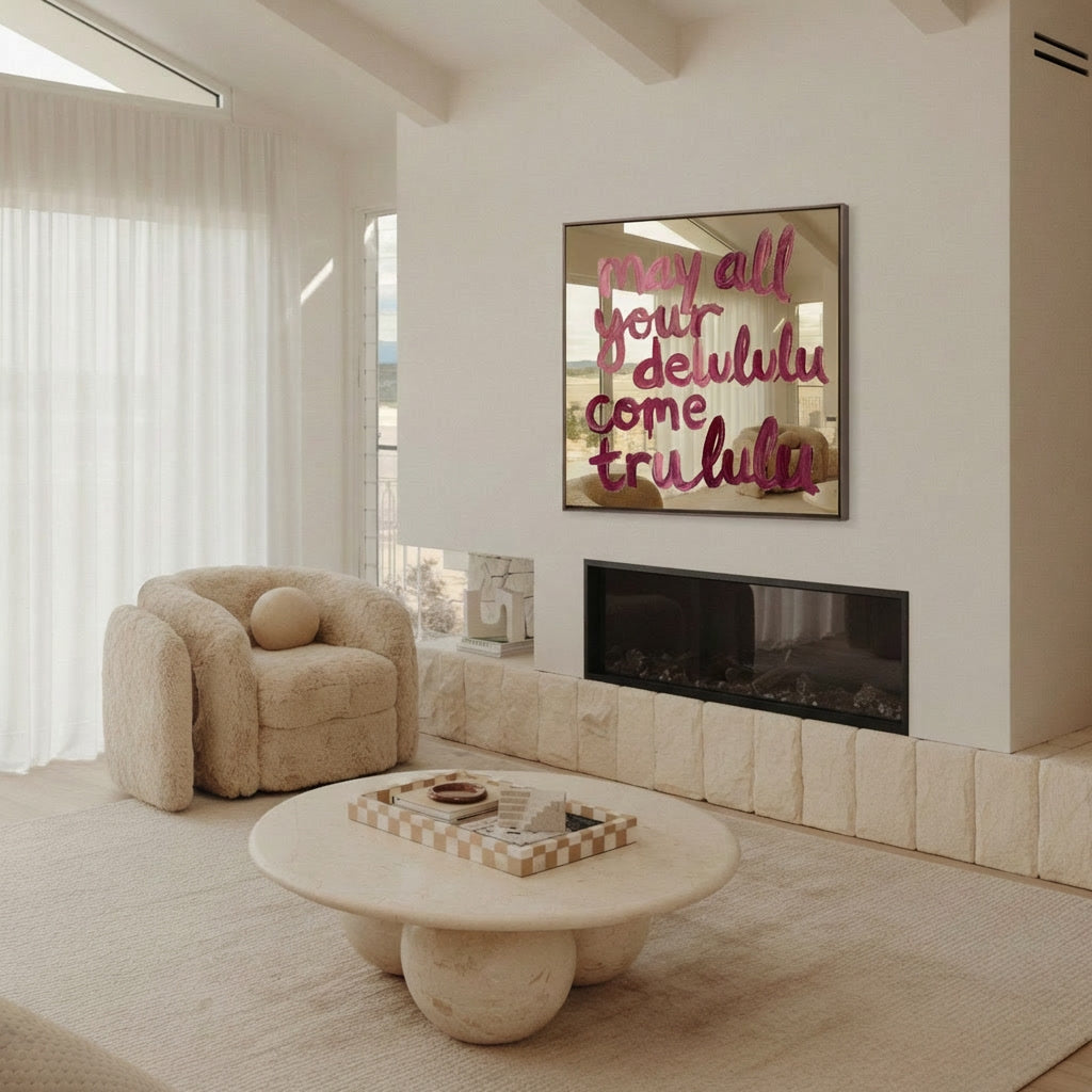 Statement schilderij met handgeschreven tekst en glossy afwerking in warme interieur setting