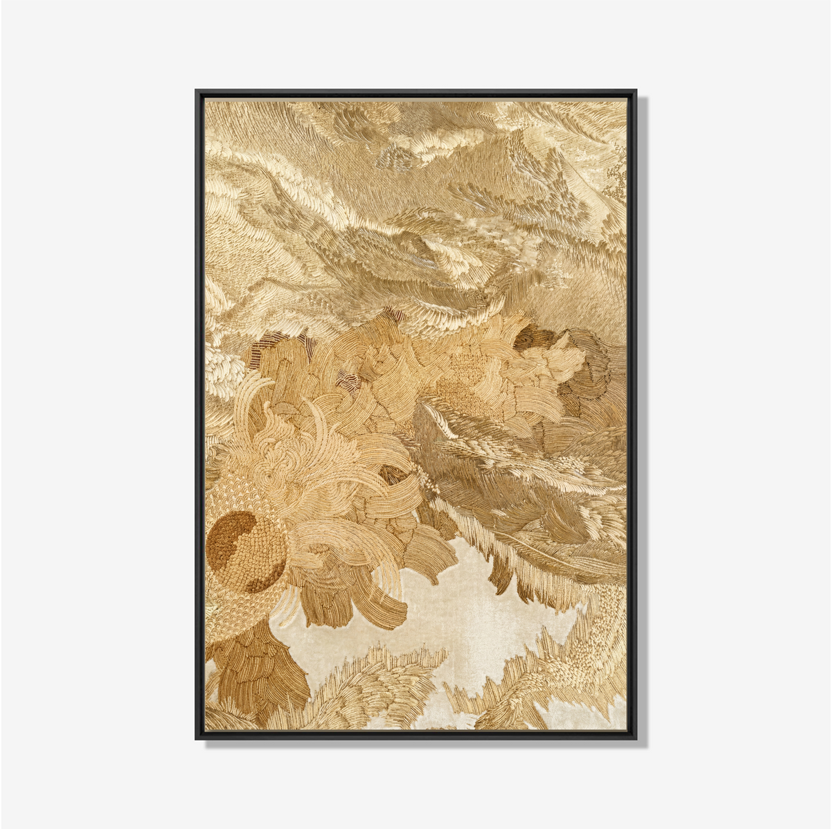 Abstract schilderij in goud- en zandtinten met organische texturen en natuurlijke patronen