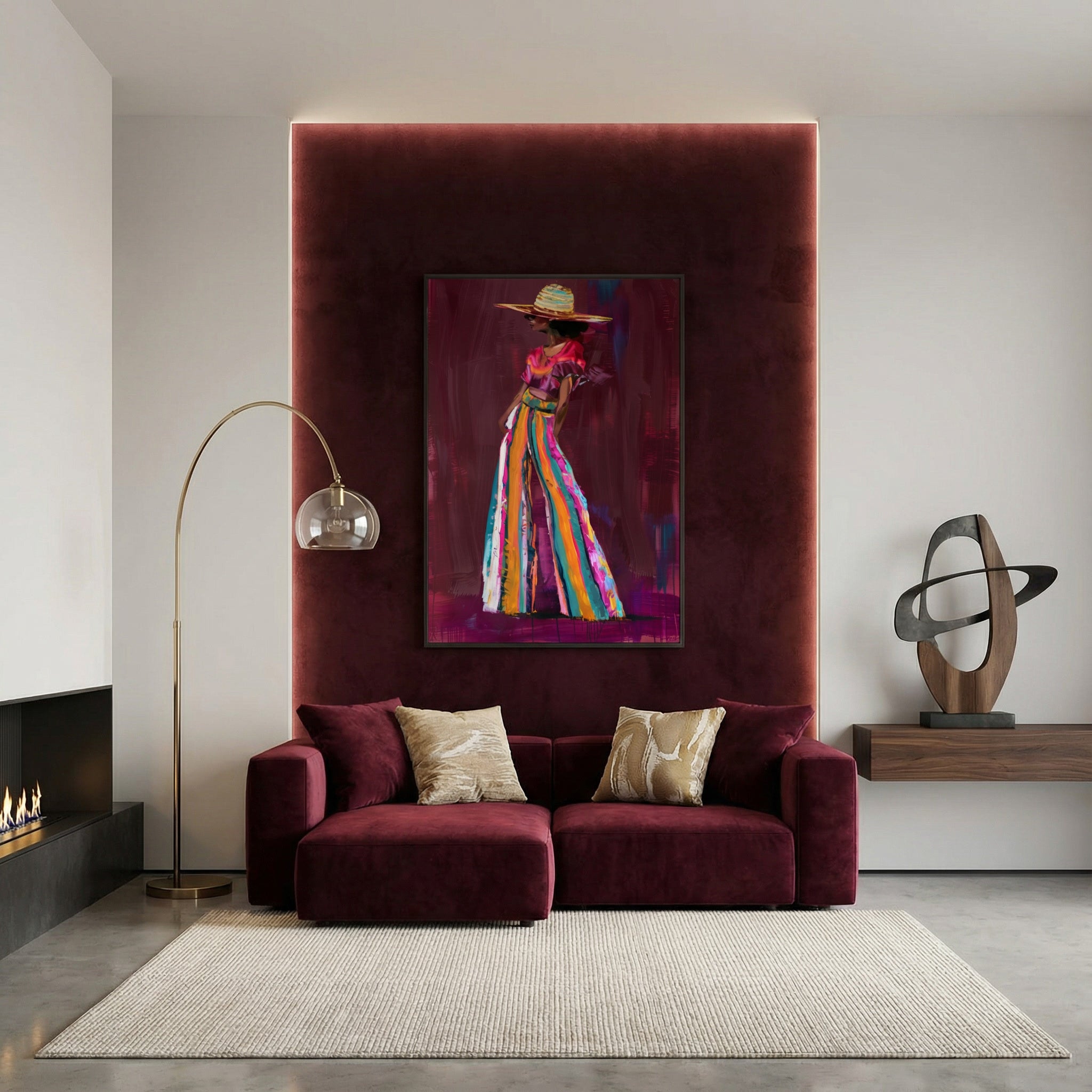 Modern figuratief kunstwerk van een vrouwelijk silhouet met levendige kleuren, stijlvolle wanddecoratie