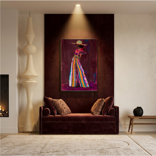 Modern vrouwelijk kunstwerk met krachtige kleuren, lange silhouet en expressieve penseelstreken