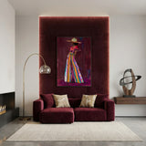 Modern figuratief kunstwerk van een vrouwelijk silhouet met levendige kleuren, stijlvolle wanddecoratie