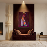 Modern vrouwelijk kunstwerk met krachtige kleuren, lange silhouet en expressieve penseelstreken