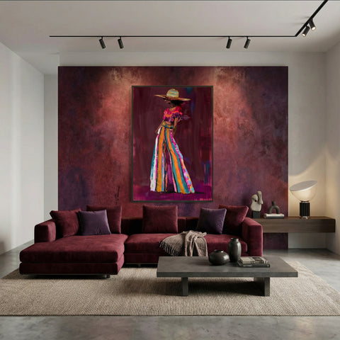 Hedendaags schilderij van een vrije vrouw met kleurrijke strepen, expressieve moderne kunst aan de muur