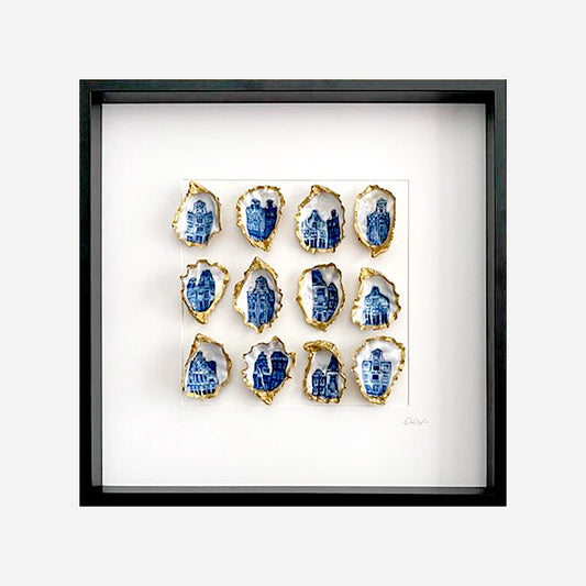 Amsterdamse huisjes masterpiece 50x50cm - Ingelijste oesters- plexiglas schilderij - kunst