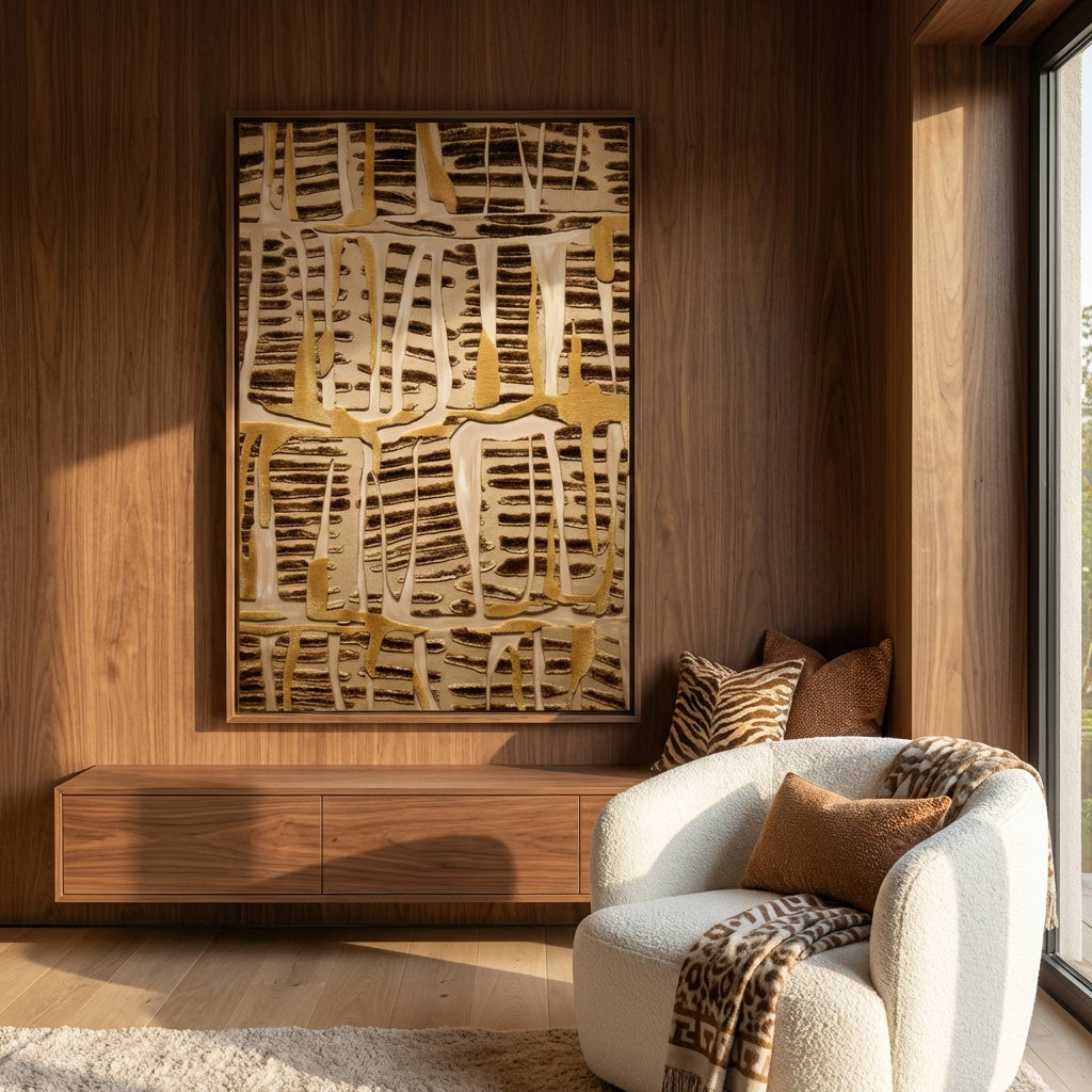 Modern kunstwerk met gelaagd patroon in bruin en beige