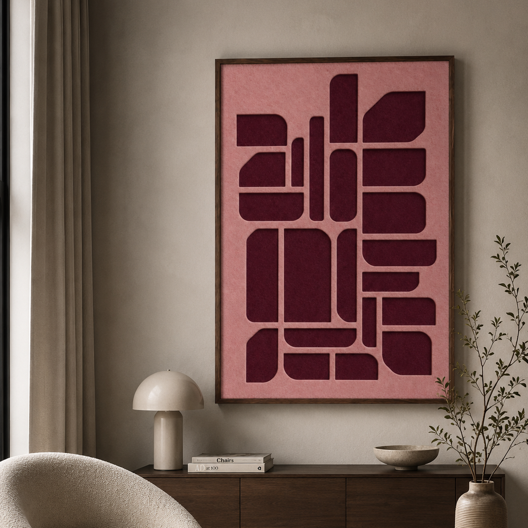 Design wandkunst van akoestisch vilt met diepte-effect, uitgesneden patroon en walnoot baklijst voor een modern interieur.