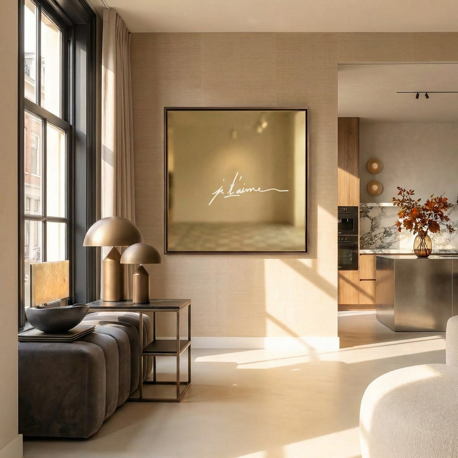 Warm goud wanddecoratie kunstwerk met liefdevolle tekst Je t’aime