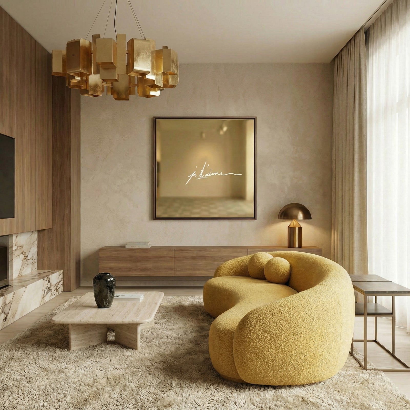 Spiegelachtig goud kunstwerk met Je t’aime tekst voor hotel chique stijl