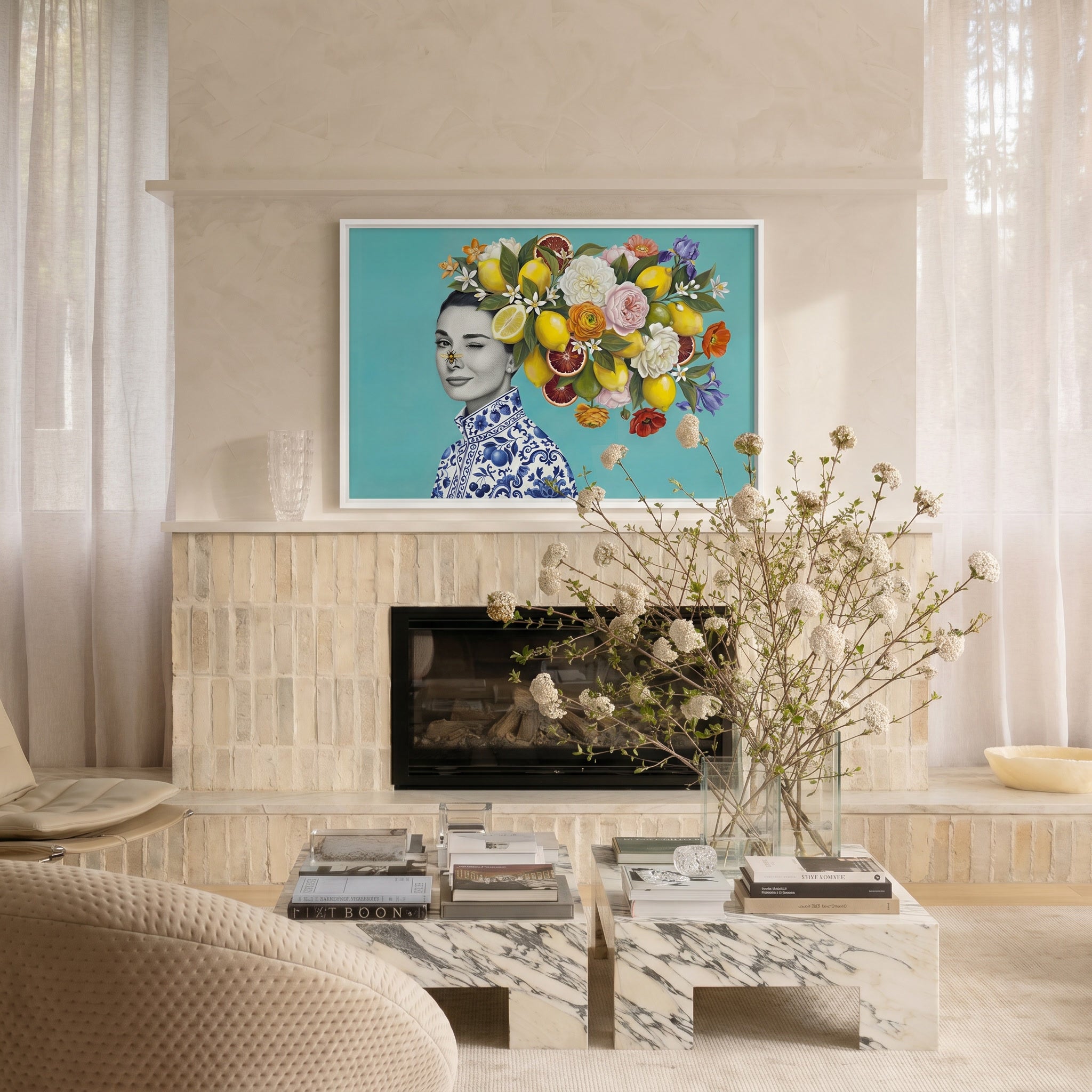 Modern interieur met een kunstwerk van een vrouw met bloemen haar 