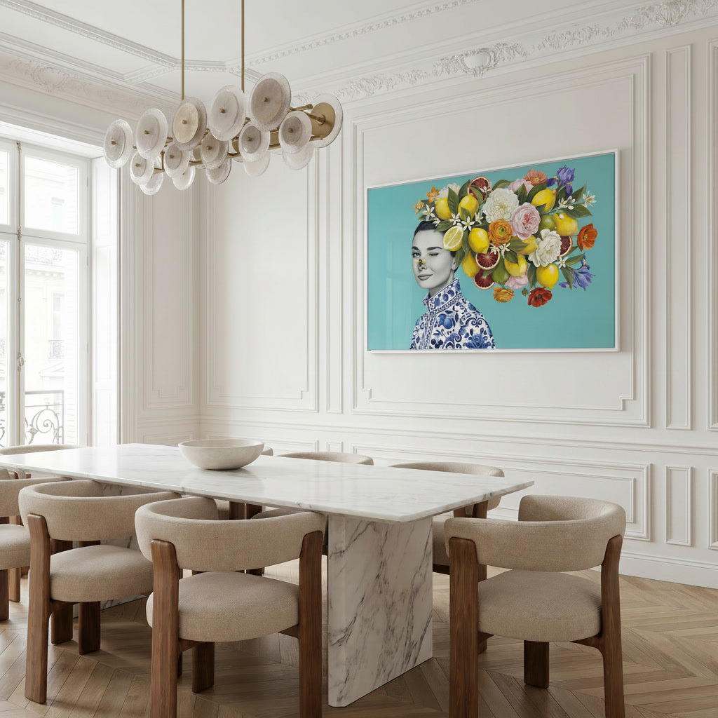 Modern interieur met een kunstwerk van een vrouw met bloemen haar 
