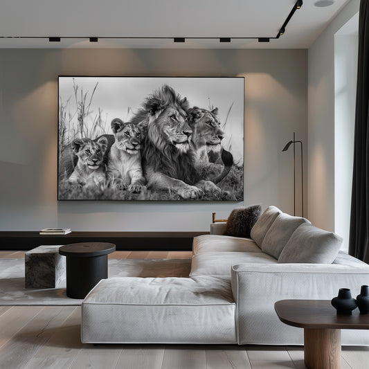 Leeuwen familie in een modern interieur - zwart wit schilderij