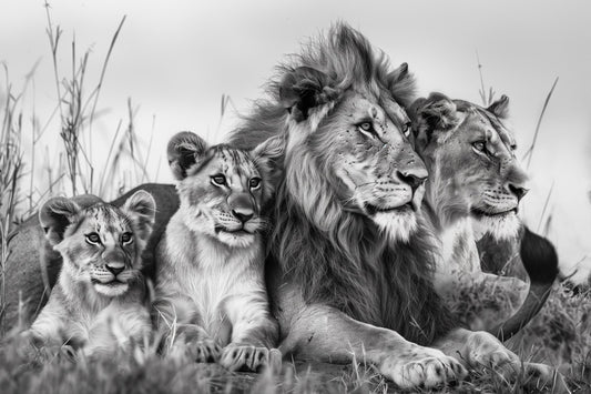Leeuwen familie - zwart wit schilderij