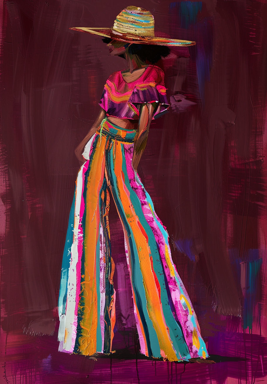 Abstract schilderij van een elegante vrouw in kleurrijke kleding met hoed, vrouwelijke en moderne kunststijl