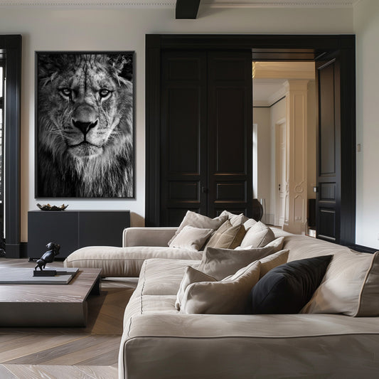 Lion close up - Zwart wit schilderij- plexiglas schilderij - kunst