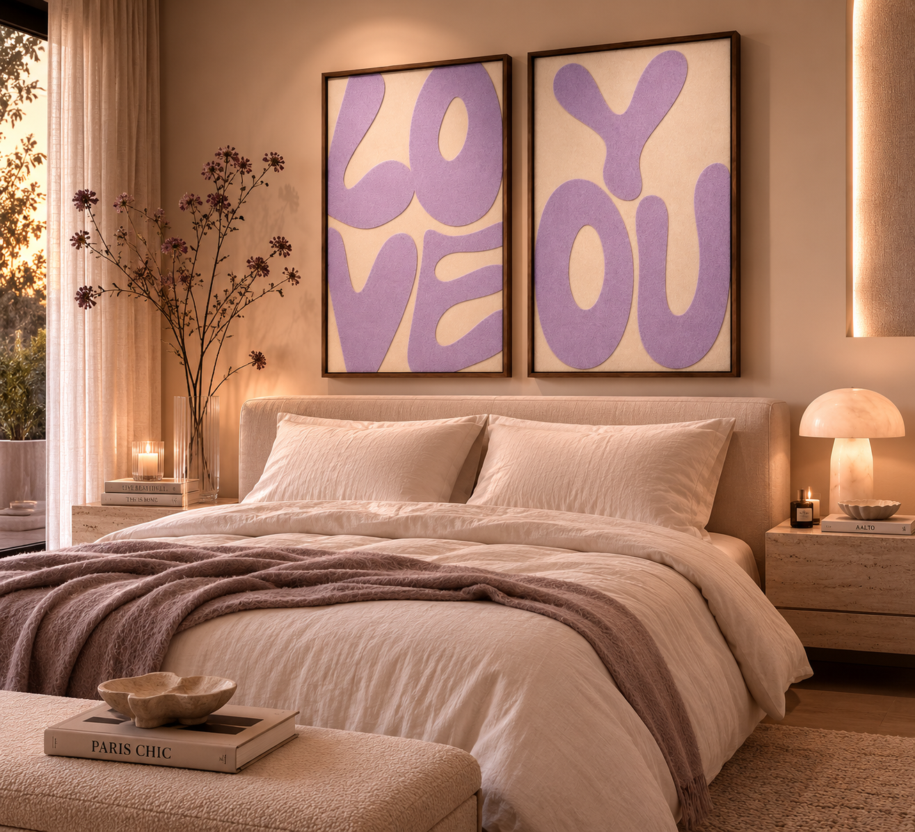 Luxe slaapkamer in Japandi-stijl met een groot tweeluik van akoestisch vilt boven het bed. De lila typografie "LOVE YOU" op een crèmekleurige achtergrond met walnoot baklijsten vormt een stijlvol statement en draagt tegelijkertijd bij aan een rustige akoestiek in de ruimte.