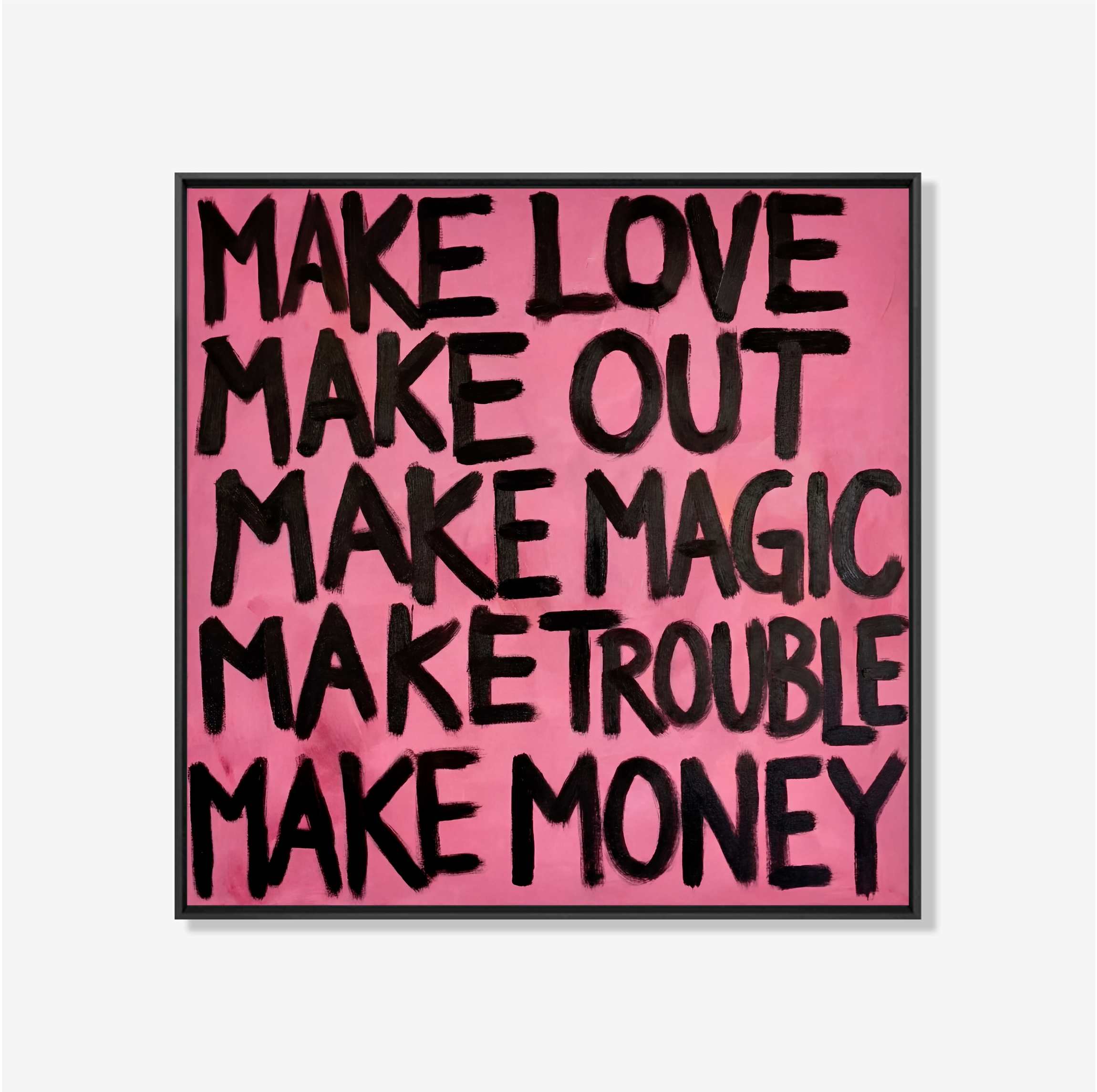 Typografisch kunstwerk met zwarte tekst op roze achtergrond