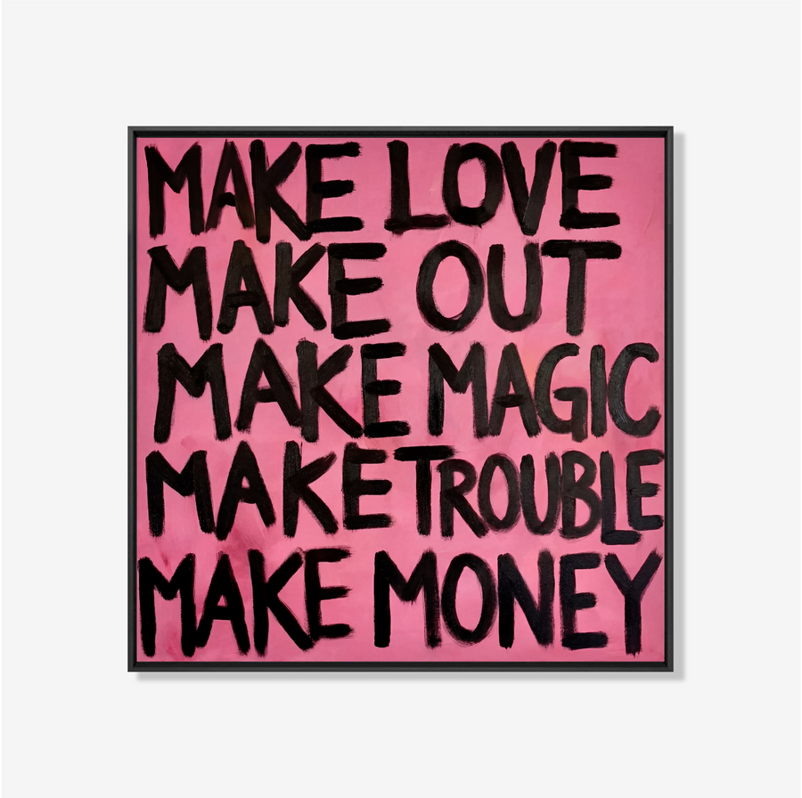 Typografisch kunstwerk met zwarte tekst op roze achtergrond