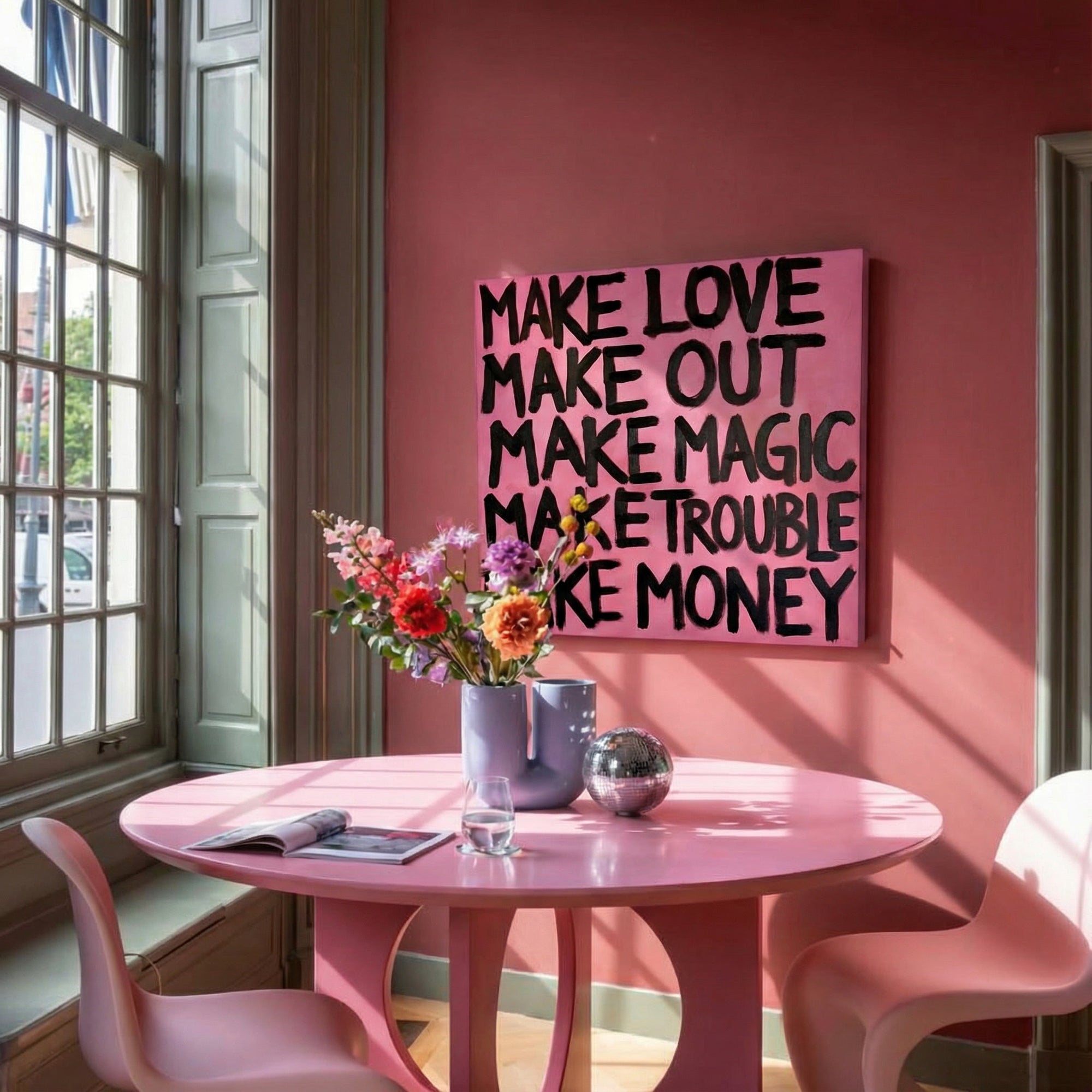 Modern schilderij met positieve quotes en handgeschilderde letters