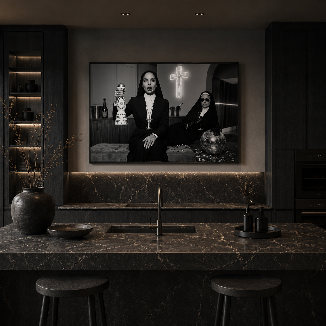 Modern zwart-wit fotografie kunstwerk met twee mysterieuze vrouwen in nonnenkleding, luxe details en een stijlvolle hotel-chic uitstraling.