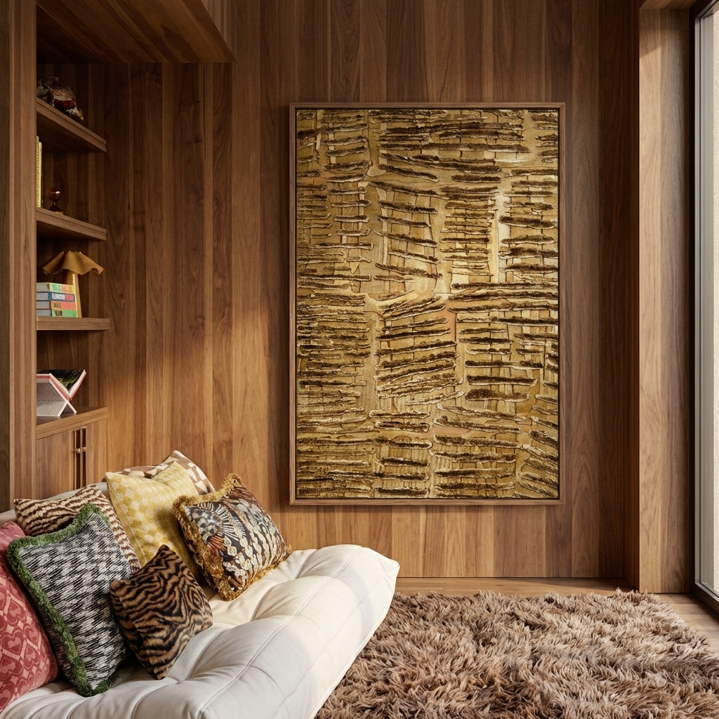 Textuurkunst met gelaagde verfstructuren geïnspireerd op boomschors