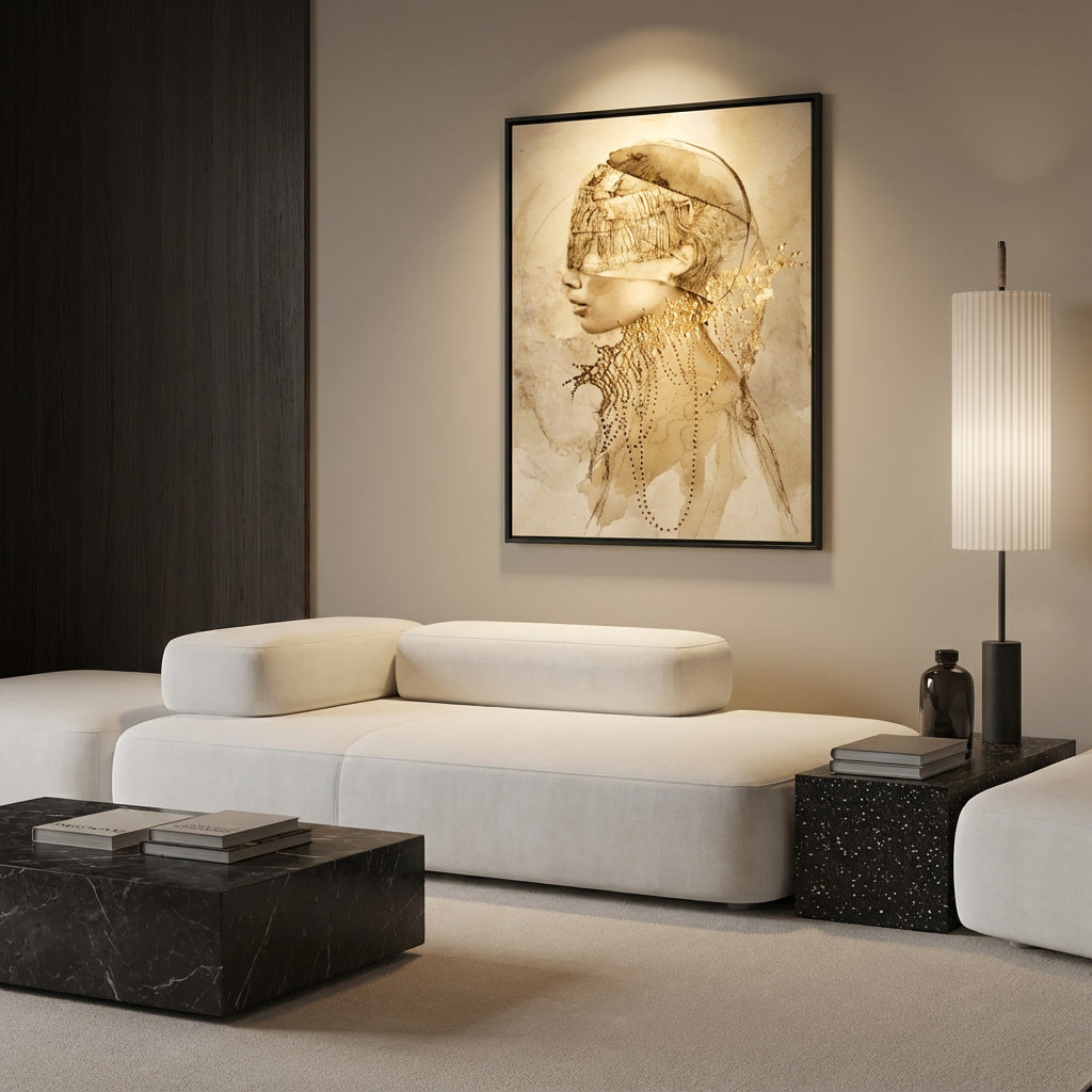 Kunstwerk van vrouwelijk profiel met gelaagde texturen en subtiele goudaccenten