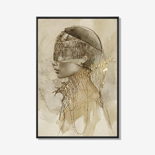 Abstract portret in profiel met gouden details en zachte aardetinten