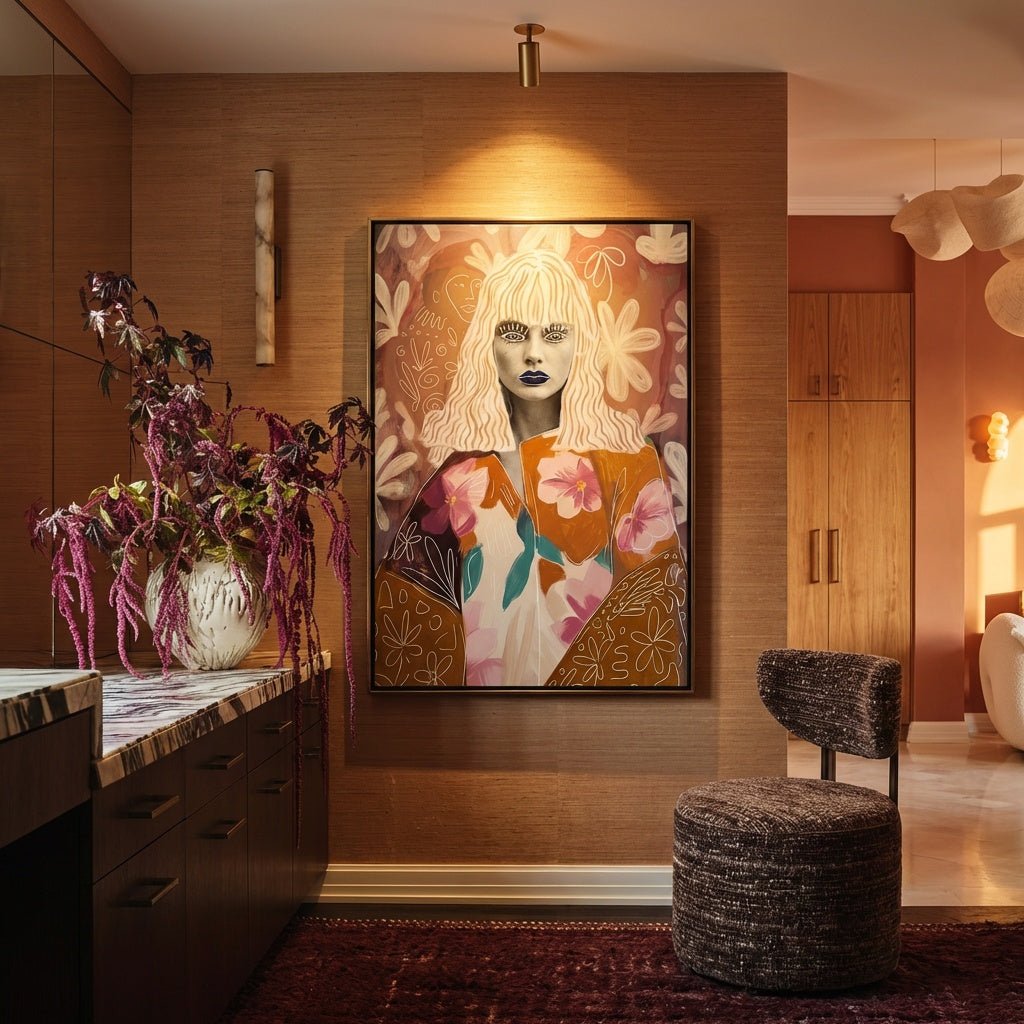 Illustratief schilderij van vrouwelijk portret met bloemen in roze en aardetinten