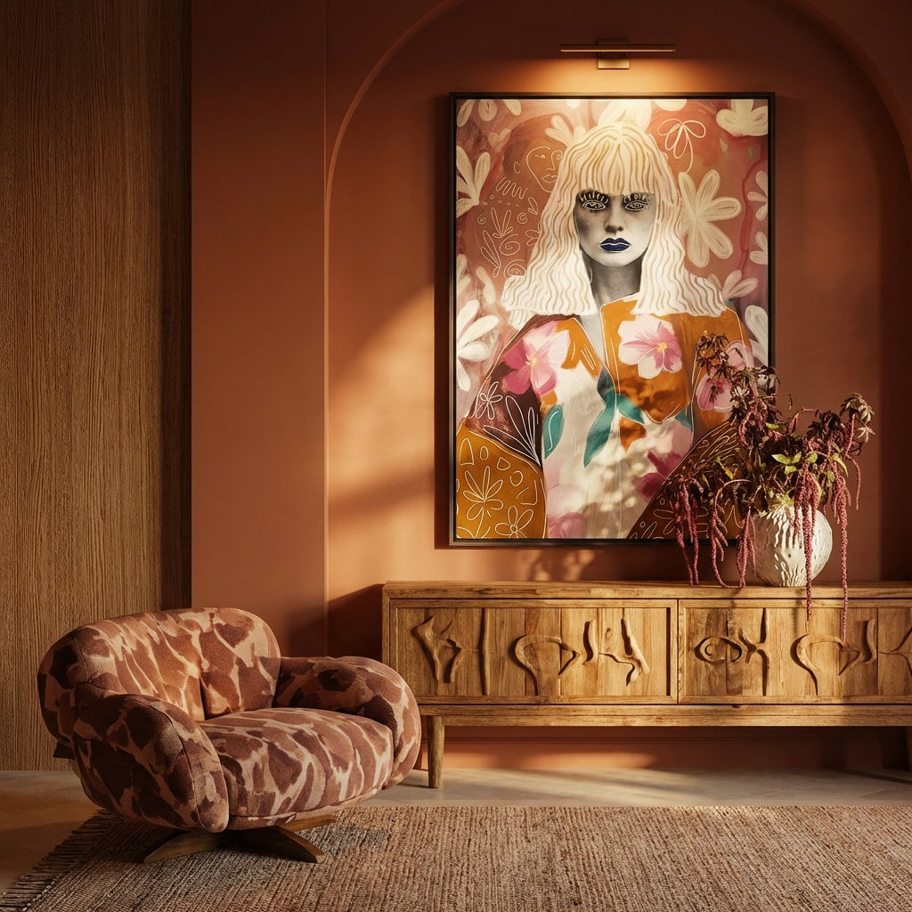 Illustratief schilderij van vrouwelijk portret met bloemen in roze en aardetinten