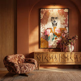 Illustratief schilderij van vrouwelijk portret met bloemen in roze en aardetinten