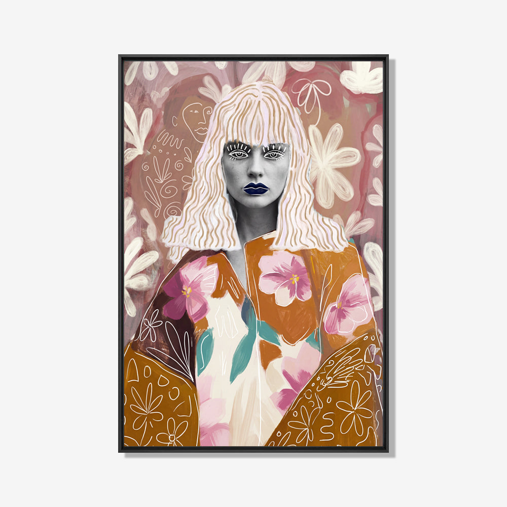 Illustratief schilderij van vrouwelijk portret met bloemen in roze en aardetinten