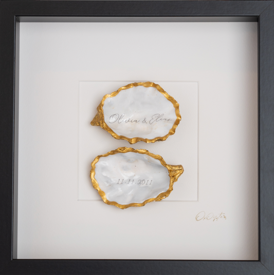 Gepersonaliseerd met namen 27X27CM - Ingelijste oesters- plexiglas schilderij - kunst