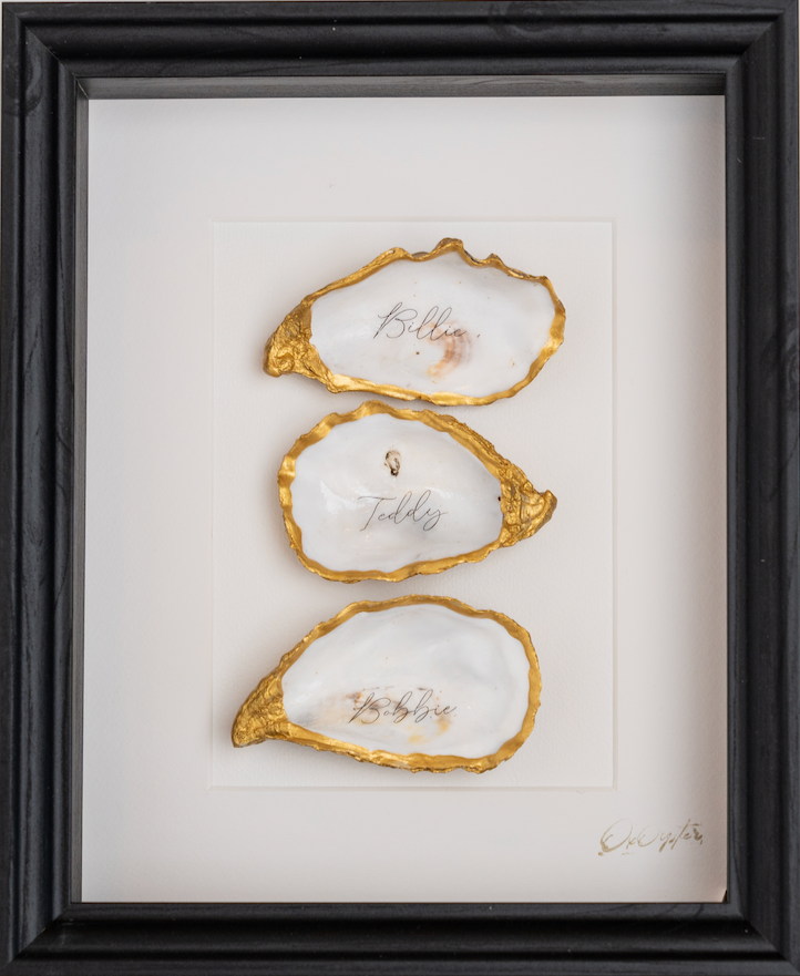 TRIPLE GEPERSONALISEERD MET TEKST 23X28cm - Ingelijste oesters- plexiglas schilderij - kunst
