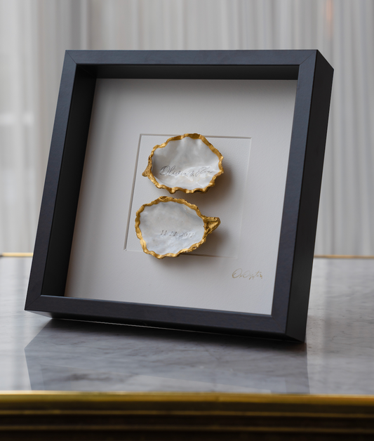Gepersonaliseerd met namen 27X27CM - Ingelijste oesters- plexiglas schilderij - kunst