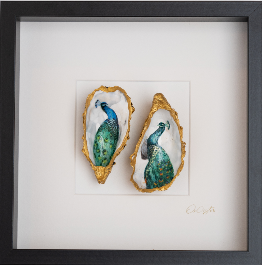 Pauwen 27x27cm - Ingelijste oesters- plexiglas schilderij - kunst