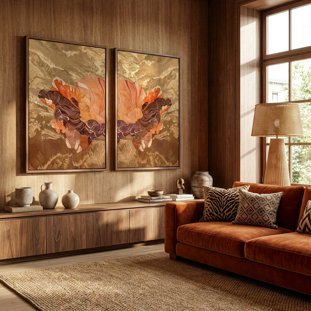 Twee bijpassende kunstwerken met warme aardetinten in een modern interieur