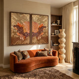 Abstract diptych schilderij met organische vormen en goudaccenten