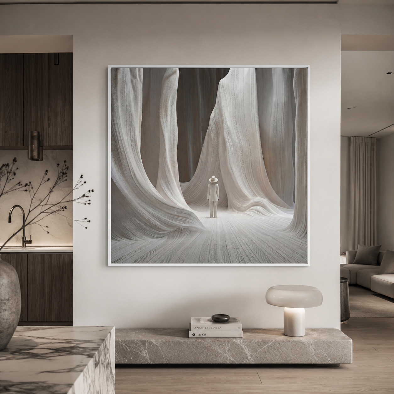 Luxe modern schilderij met abstracte textielvormen en een rustige minimalistische uitstraling.