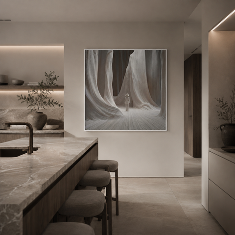 Exclusieve wanddecoratie in beige- en wittinten met sculpturale stoffen en een elegante compositie.