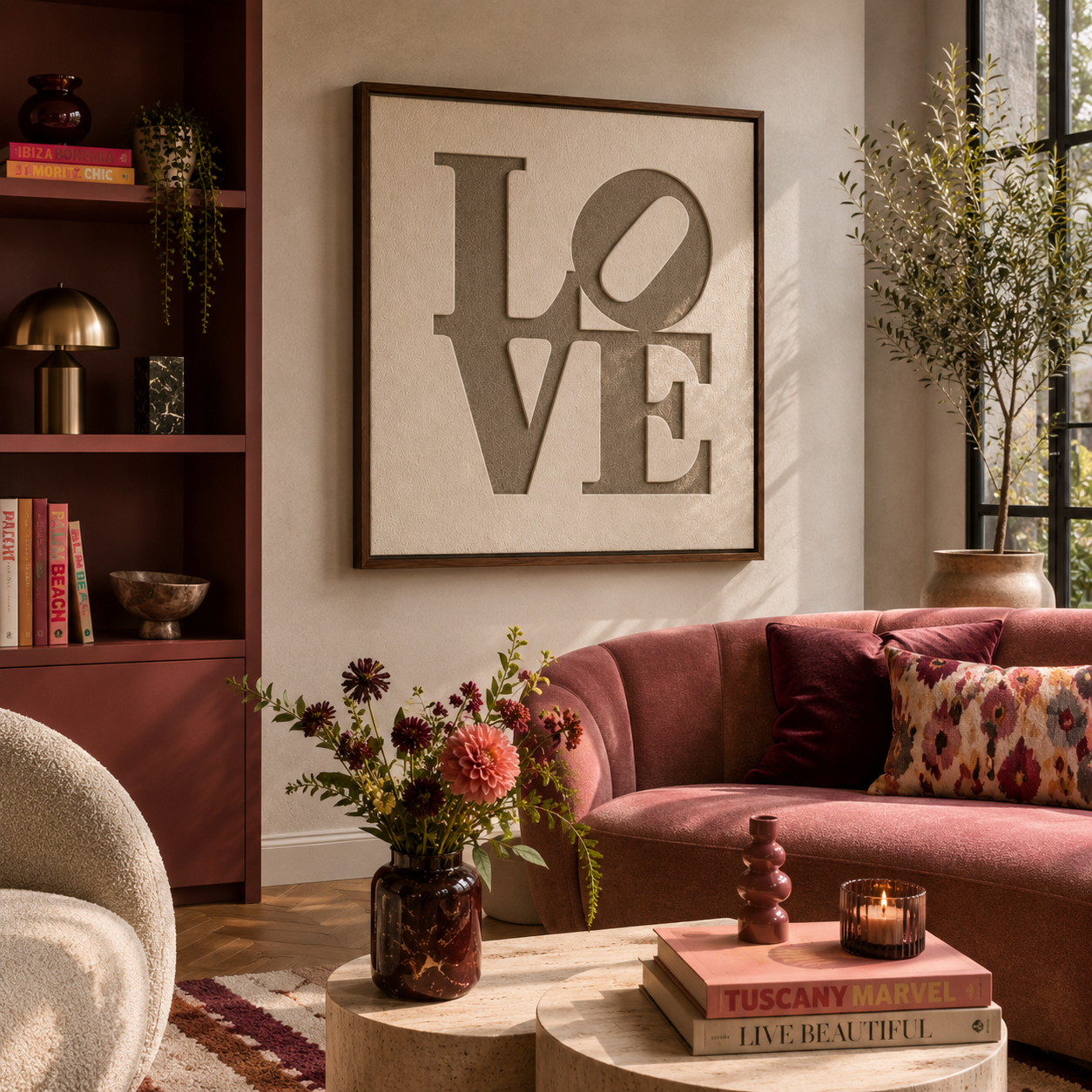 Luxe akoestisch vilt wandpaneel met uitgesneden LOVE typografie in walnoot baklijst voor moderne interieurs.