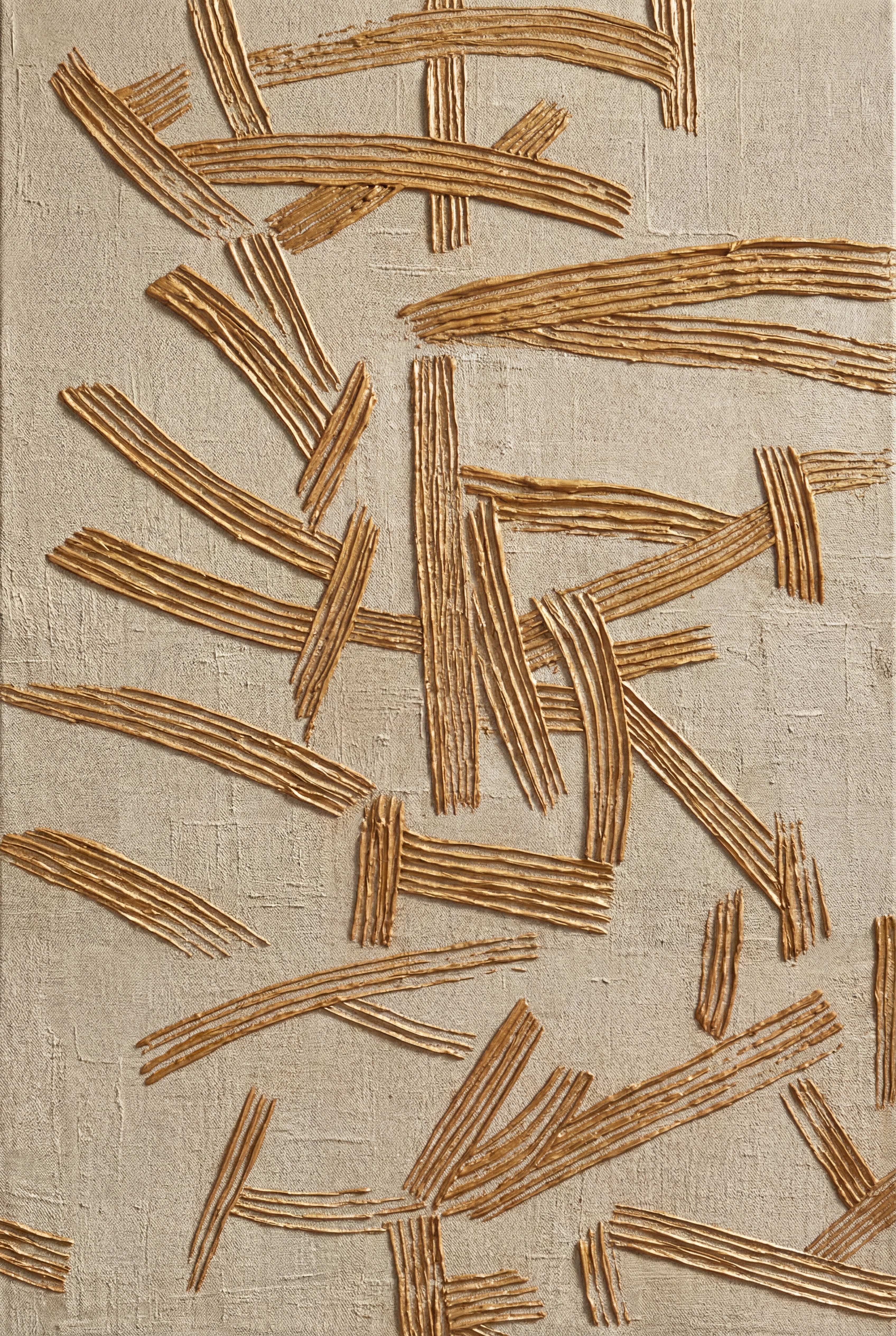 Minimalistisch wandkunstwerk met reliëfstructuur en natuurlijke zandkleurige strepen.