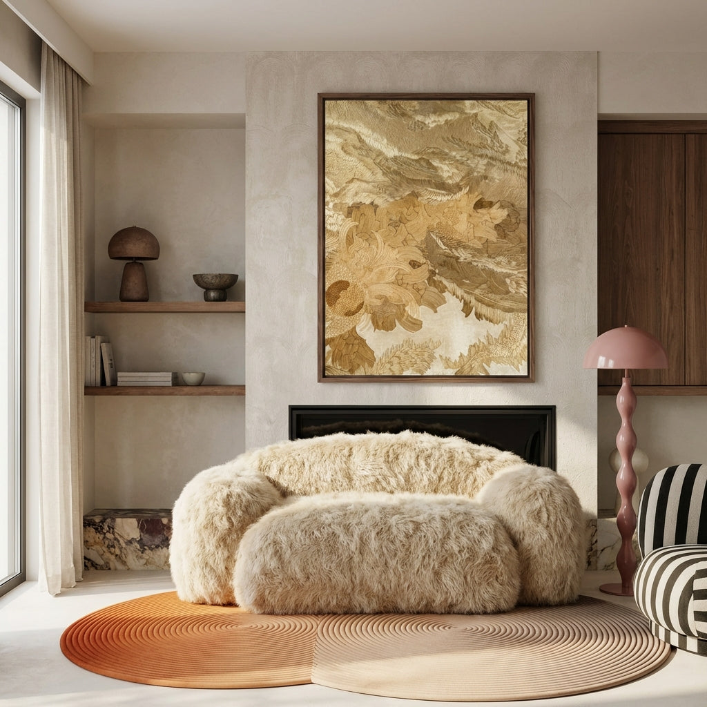 Decoratief schilderij met stromende lijnen en natuurlijke vormen in goudkleurige tinten
