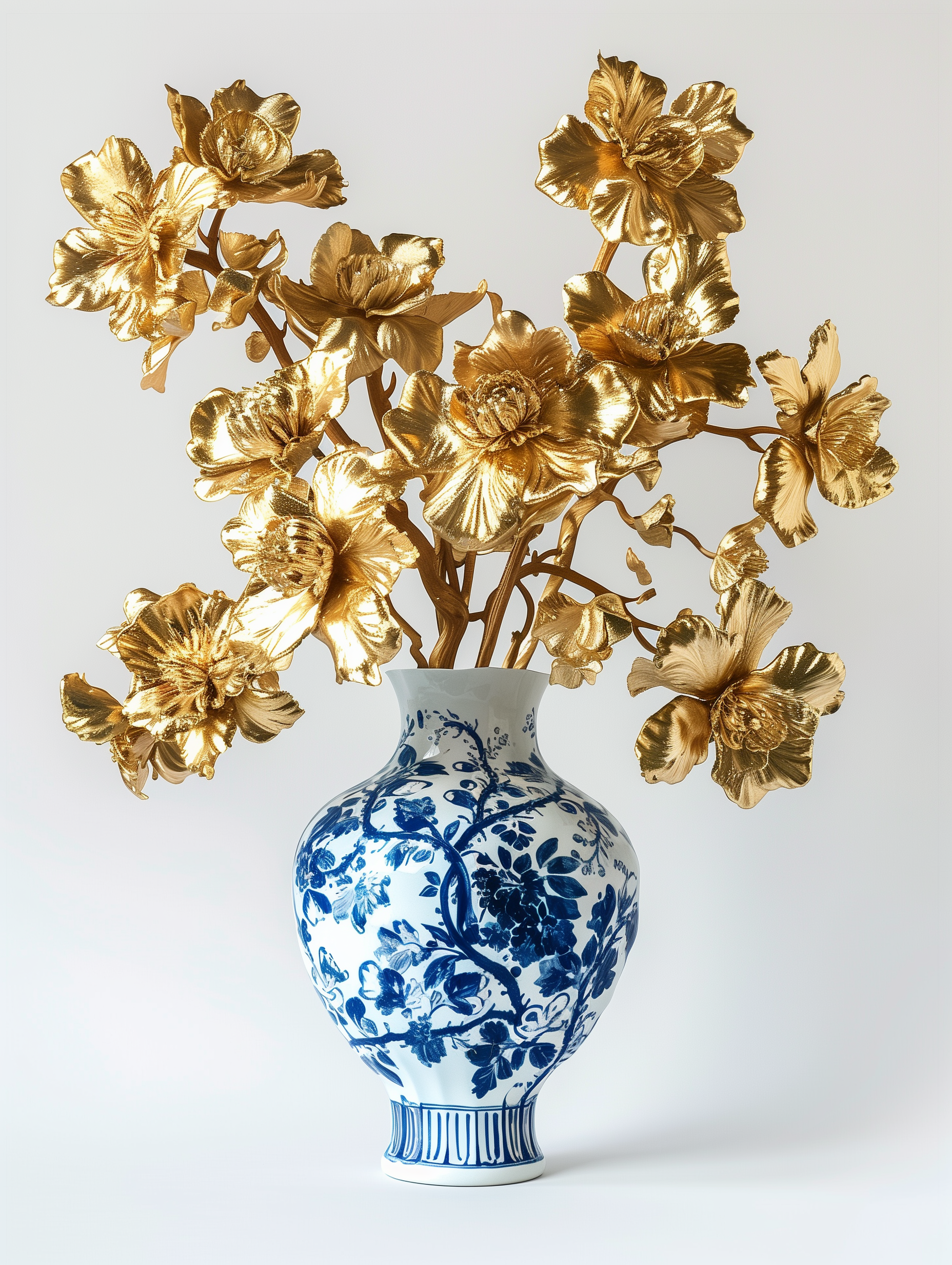 Luxe wanddecoratie gouden bloemen boeket in klassieke blauw witte vaas