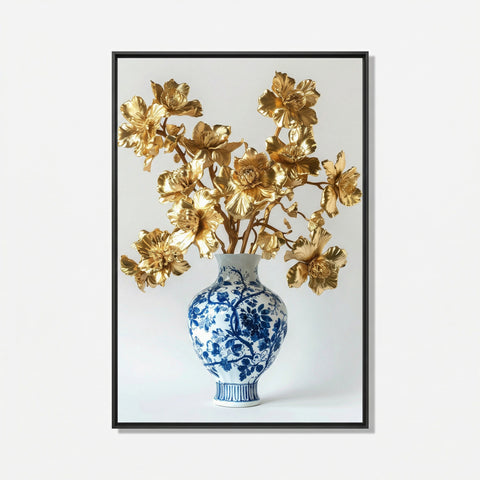 Gouden bloemen in Delfts blauwe vaas luxe schilderij hotel chique stijl