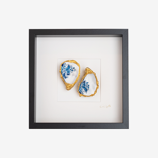 Blauwe bloemen 27x27cm - Ingelijste oesters- plexiglas schilderij - kunst