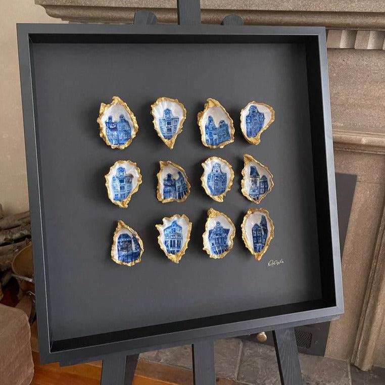 Amsterdamse huisjes masterpiece 50x50cm - Ingelijste oesters- plexiglas schilderij - kunst