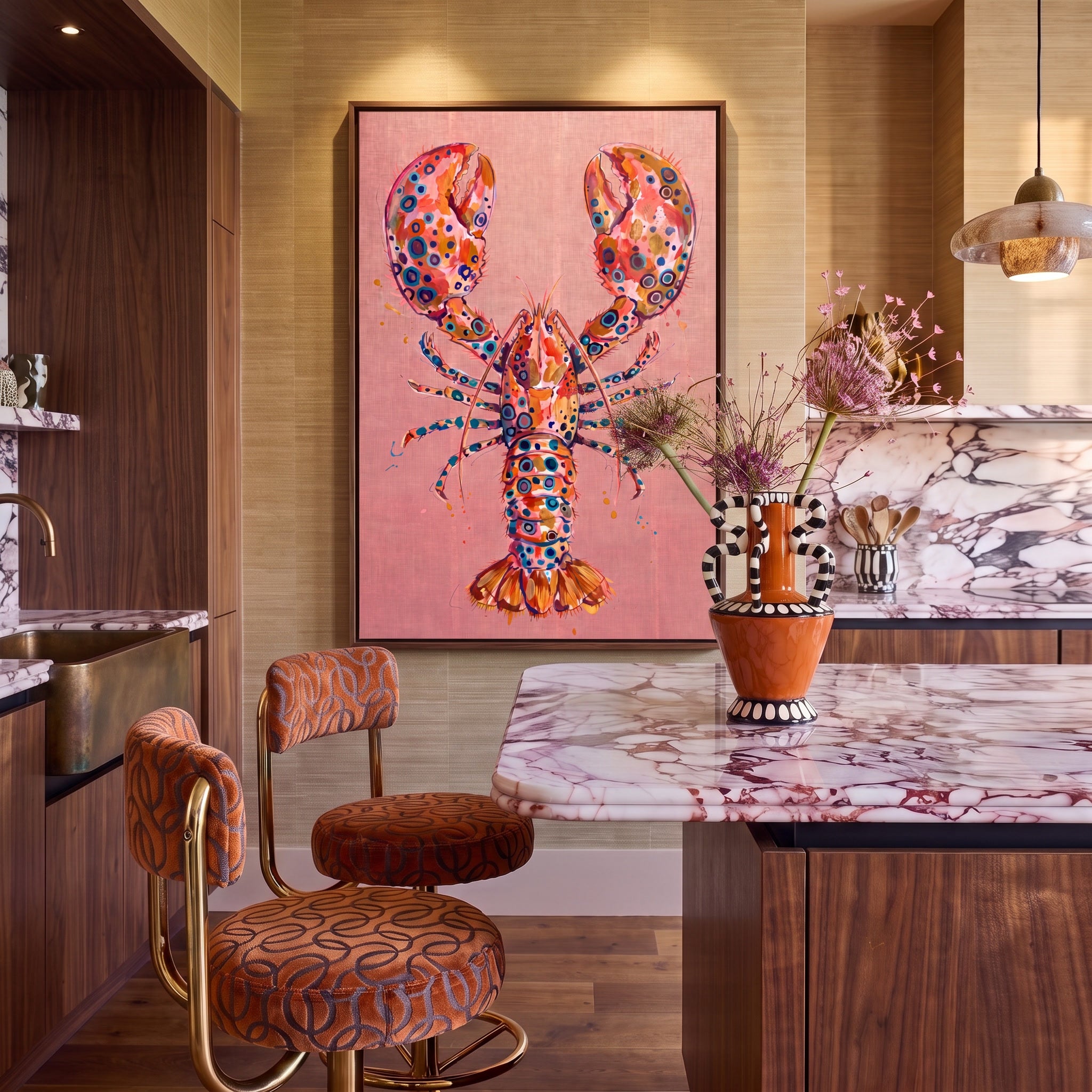 Kleurrijke lobster wall art met abstracte patronen en roze achtergrond