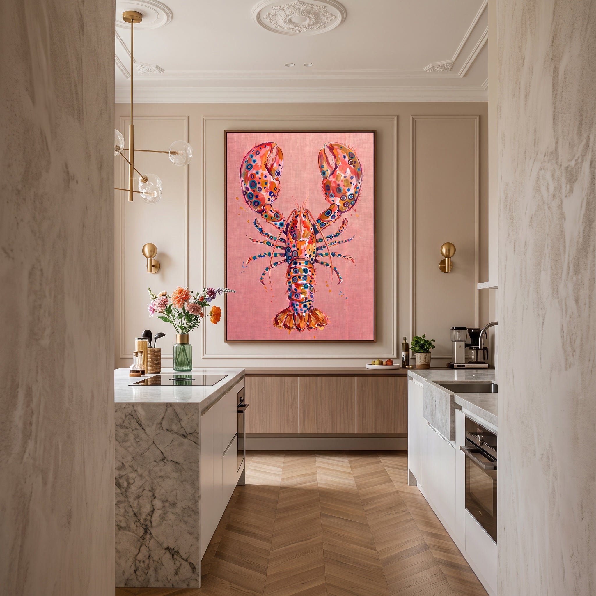 Luxe kreeft kunstwerk met felle kleuren en gouden accenten