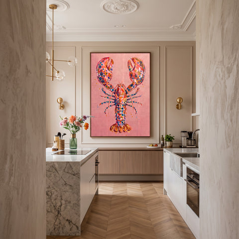 Luxe kreeft kunstwerk met felle kleuren en gouden accenten