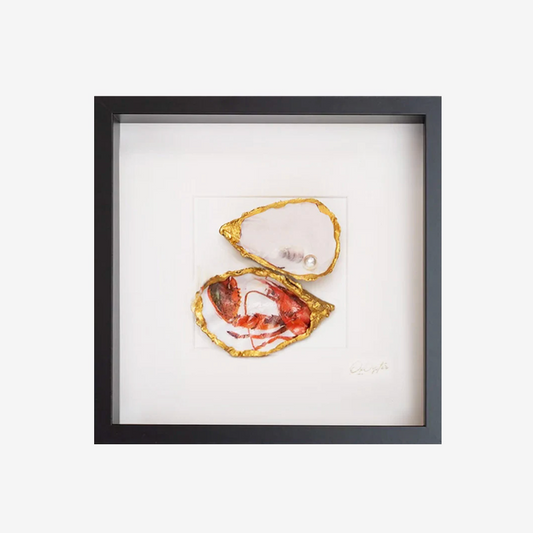Kreeft & Pearl 27x27cm - Ingelijste oesters- plexiglas schilderij - kunst