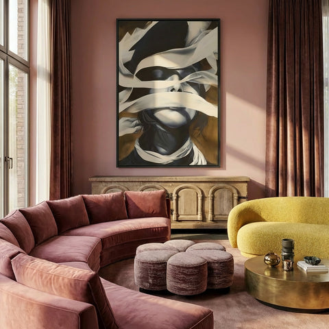 Modern kunstwerk met een vrouwelijk gezicht en overlappende witte stroken op een warme achtergrond.